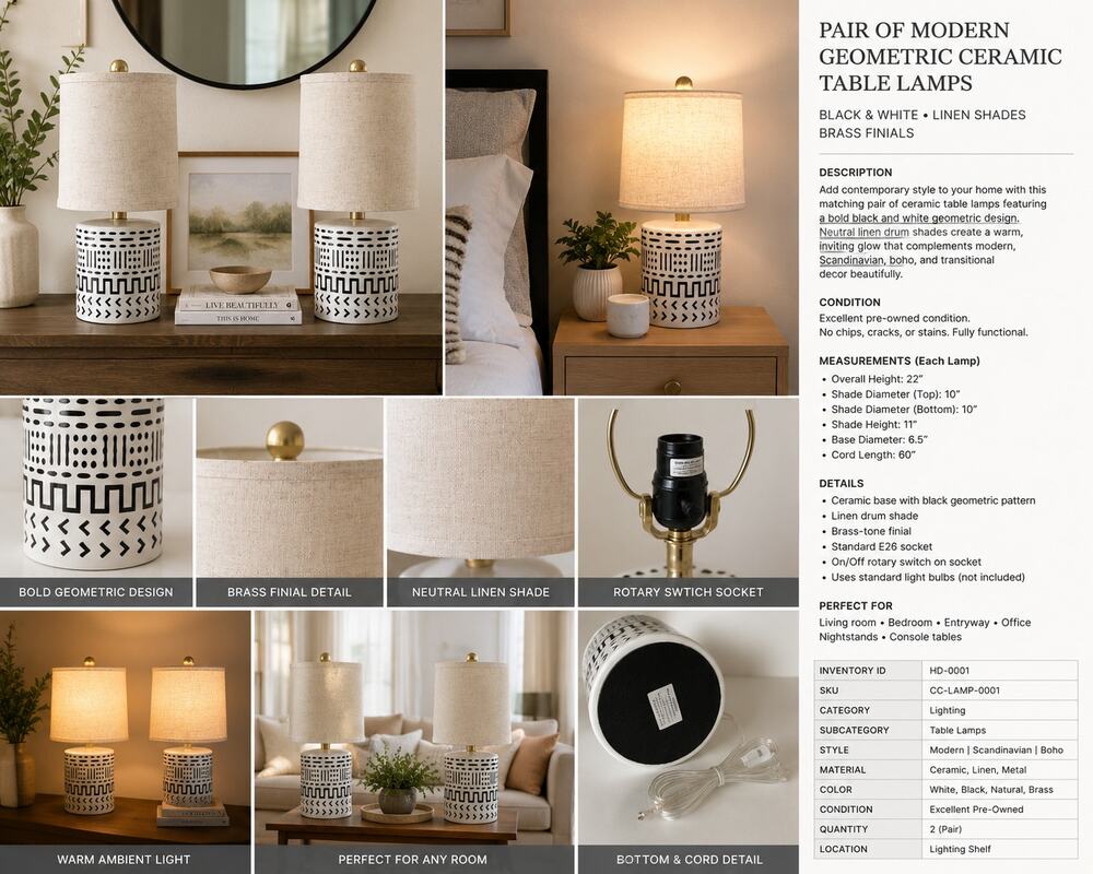 Modern Black White Geometric Ceramic Table Lamps Pair Linen Drum Shades